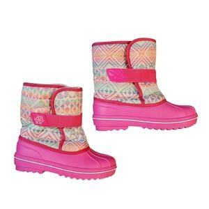 Children's Place Snow Rain Winter Boots Size 3 Faux Fur Adj Strap Pink Patterne